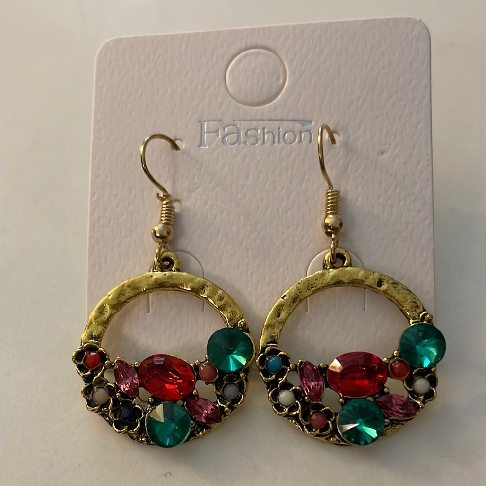 Elegant Hammered Gold and Multicolor Gem Flat Hoop Earrings - Picture 3 of 9